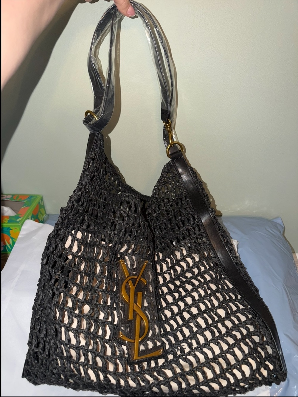 Black crocheted woven beach vacation travel tote bag NEW make an offer!
